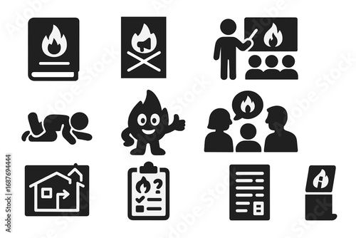 Fire Safety Icons. Solid style icons of fire awareness and education: fire safety handbook, awareness campaign poster, school fire