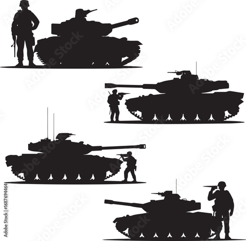 Silhouette Soldiers with Military Tanks in Combat