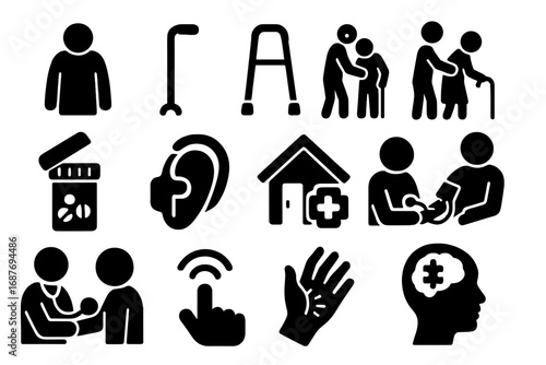 Elderly Care Icons. Solid style icons of elderly care and geriatric medicine: elderly patient icon, cane with support, walker