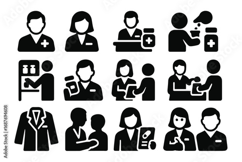 Pharmacy Staff Icons. Solid style icons of pharmacists and staff: pharmacist with cross badge, pharmacy technician icon,