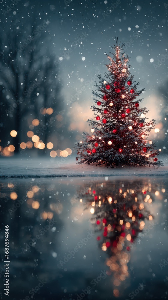 Naklejka premium Decorated Christmas tree stands proudly in the snow with soft lights reflecting in a wintry landscape during a peaceful evening