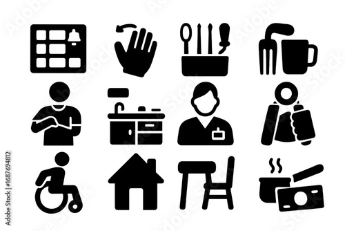 Occupational Therapy Icons. Solid style icons of occupational therapy: daily activity chart, hand therapy icon, fine motor tools,