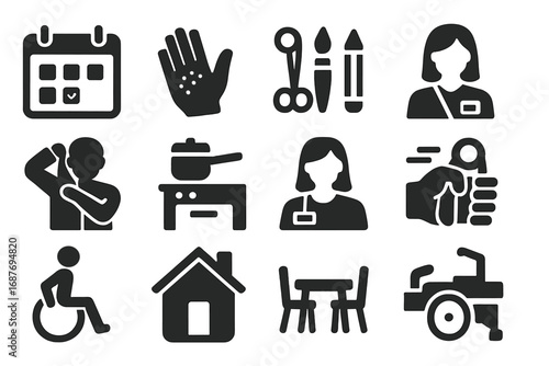 Occupational Therapy Icons. Solid style icons of occupational therapy: daily activity chart, hand therapy icon, fine motor tools,