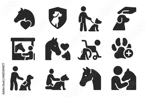 Animal Therapy Icons. Solid style icons of equine and animal-assisted therapy: horse with heart icon, therapy dog badge, handler