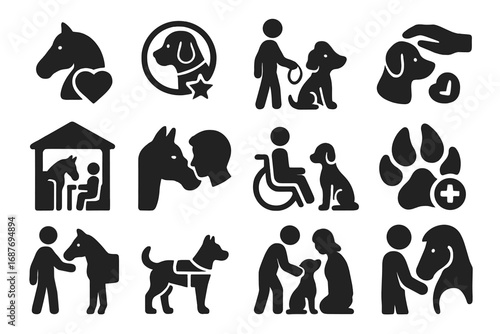 Animal Therapy Icons. Solid style icons of equine and animal-assisted therapy: horse with heart icon, therapy dog badge, handler