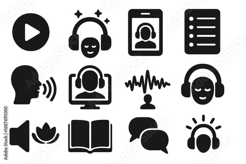 Guided Meditation Icons. Solid style icons of guided meditation: voice play icon, headset with sparkles, mobile app with calm face