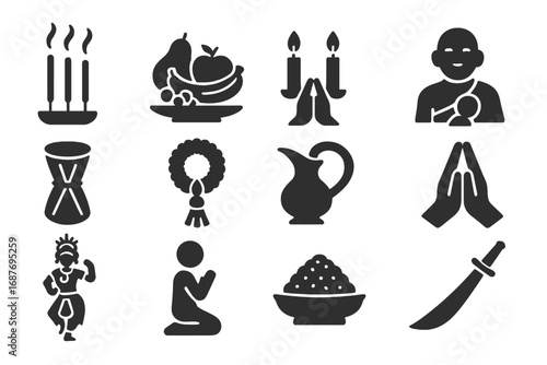 Temple Ritual Icons. Solid style icons of temple rituals and offerings: incense rising, fruit offering plate, candlelight worship,