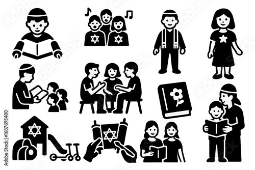 Synagogue Activities Icons. Solid style icons of synagogue youth and children: child reading Torah, youth choir, bar mitzvah boy,