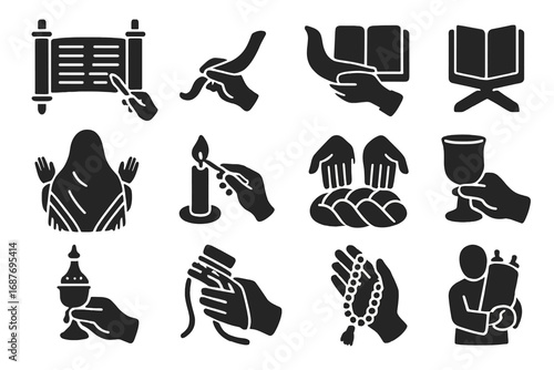 Jewish Ritual Icon Set. Solid style icons of synagogue items in use: Torah scroll open, yad pointing to verse, shofar in hand,