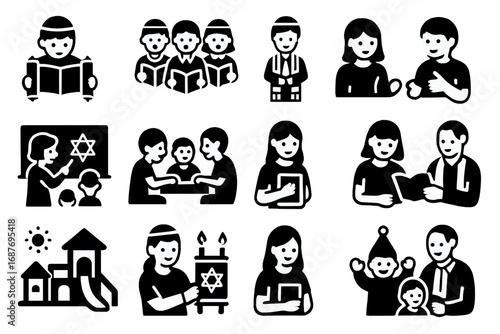 Synagogue Activities Icons. Solid style icons of synagogue youth and children: child reading Torah, youth choir, bar mitzvah boy,