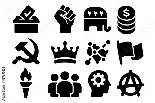 Political Ideology Icons. Solid style icons of political ideologies and symbols: democracy ballot box, republic emblem, socialism