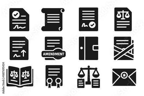 Political Documents Icons. Solid style icons of political documents and laws: signed bill, constitution scroll, legal contract,