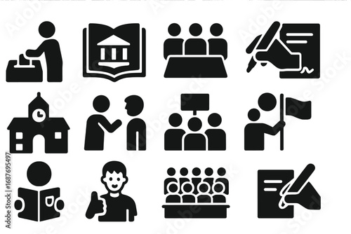Civic Engagement Icons. Solid style icons of political engagement and civic duty: citizen voting, civic education book, community