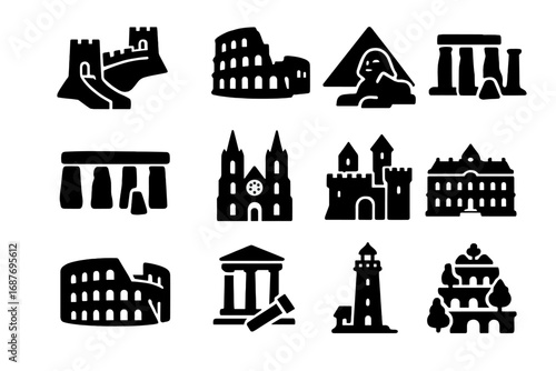 Historic Architecture Wonders Icons. Solid style icons of historic architecture and wonders: Great Wall segment, Colosseum ruins,
