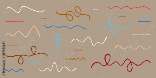 Realistic Chalk Drawn Sketch. Set of Design Elements Abstract Wavy Lines and Curls Isolated on Craft Paper.