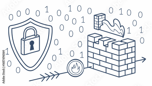 Cyber security protection vector concept with shield, lock, firewall, binary code and secure digital  Cyber security protection vector concept with shield, lock, firewall, binary code