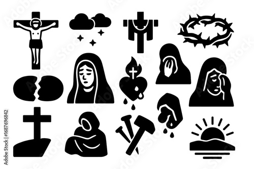 Good Friday Icons. Solid style icons of Good Friday: crucified Christ, darkened sky, cross with cloth, crown of thorns, broken