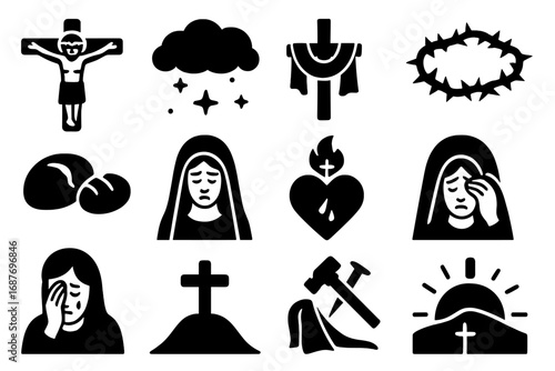 Good Friday Icons. Solid style icons of Good Friday: crucified Christ, darkened sky, cross with cloth, crown of thorns, broken