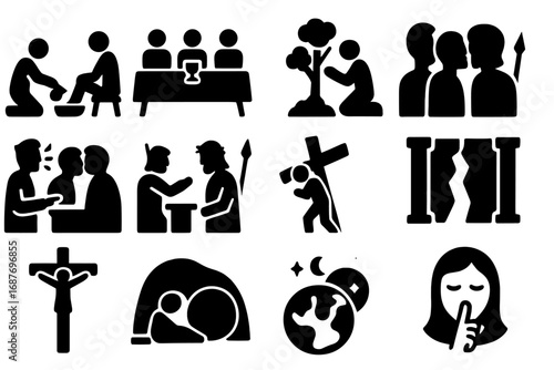 Holy Week Icons. Solid style icons of Holy Week: foot washing, last supper, garden prayer, betrayal kiss, trial scene, cross