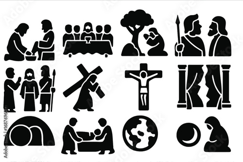 Holy Week Icons. Solid style icons of Holy Week: foot washing, last supper, garden prayer, betrayal kiss, trial scene, cross