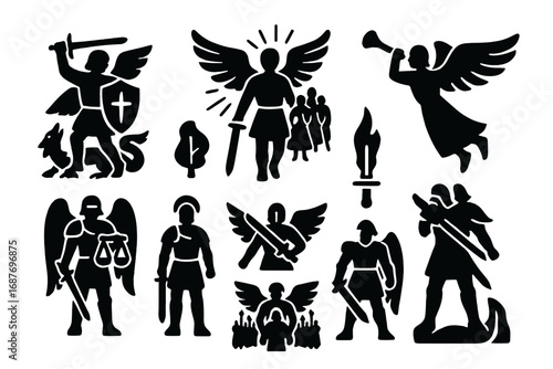 Archangel Michael Victory. Solid style icons of Feast of St. Michael: archangel with sword, shield of light, dragon underfoot,