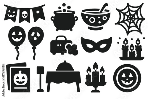 Halloween Party Icons. Solid style icons of Halloween party items: spooky banner, cauldron with bubbles, punch bowl, cobweb