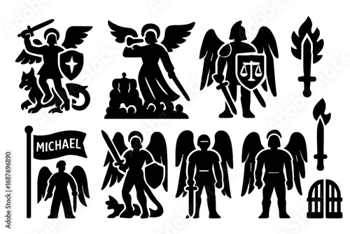 Archangel Michael Victory. Solid style icons of Feast of St. Michael: archangel with sword, shield of light, dragon underfoot,