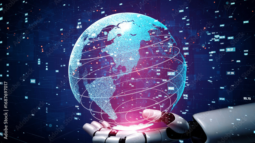 Fototapeta premium A futuristic robot hand cradles a glowing digital globe, illustrating global connectivity and technological advancement within a virtual landscape rich with data. Xenic