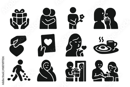 Icons of Heartfelt Gestures. Solid style icons of heartfelt gestures: handmade gift, surprise hug, flower behind back, whispered