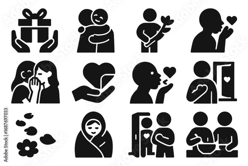 Icons of Heartfelt Gestures. Solid style icons of heartfelt gestures: handmade gift, surprise hug, flower behind back, whispered