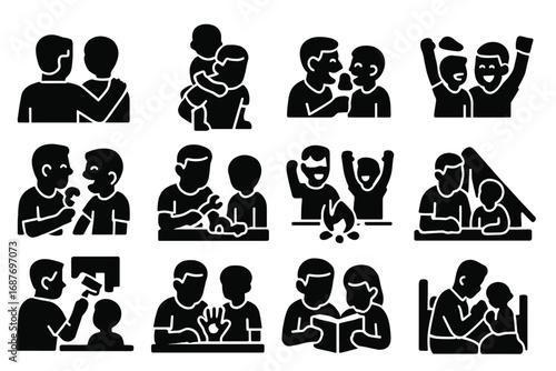 Father-Child Bonding Icons. Solid style icons of father-child bonding: hand on shoulder, piggyback ride, shared ice cream,