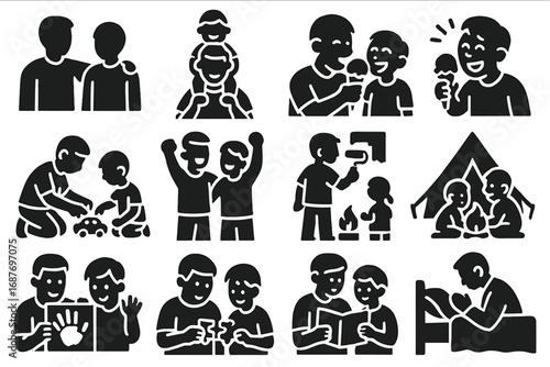 Father-Child Bonding Icons. Solid style icons of father-child bonding: hand on shoulder, piggyback ride, shared ice cream,