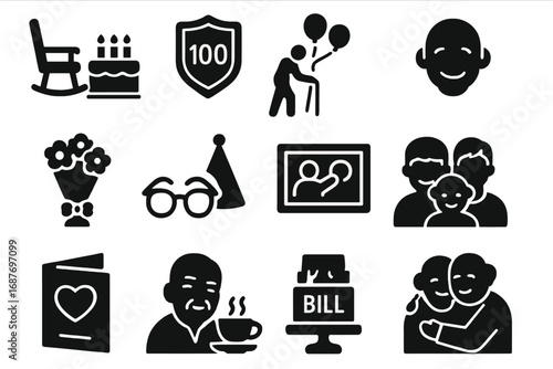 Senior Birthday Icons. Solid style icons of birthday for seniors: rocking chair and cake, milestone badge, walking with balloons,