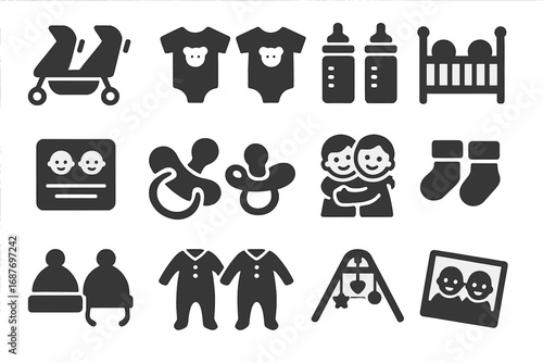 Twin Essentials Icons. Solid style icons of twins and multiples: double stroller, matching onesies, two bottles, twin crib, twin