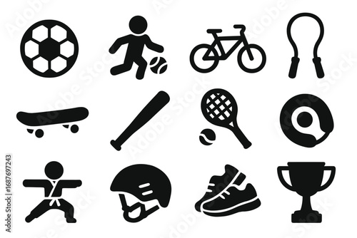 Kids' Sports Icons. Solid style icons of kids’ sports and activities: soccer ball, basketball dribble, bicycle ride, jump rope,