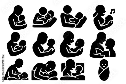 Baby Bonding Icons. Solid style icons of baby bonding moments: skin to skin, baby on chest, lullaby singing, gentle rocking, eye