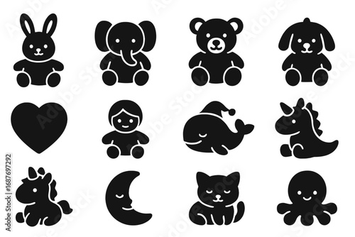Plush Toy Icons. Solid style icons of plush and soft toys: stuffed bunny, plush elephant, soft bear, fuzzy dog, heart pillow,