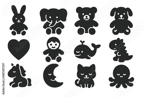 Plush Toy Icons. Solid style icons of plush and soft toys: stuffed bunny, plush elephant, soft bear, fuzzy dog, heart pillow,