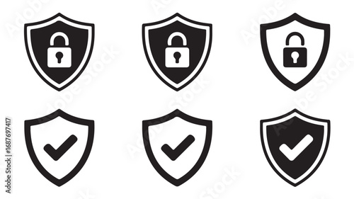 Shield Icons Security, Protection, Privacy, Lock, Check Mark - Vector Set