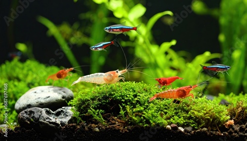Colorful Shrimp  Neon Tetras in Aquatic Aquarium Habitat.