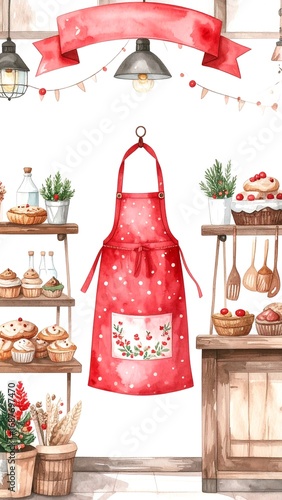 Watercolor Christmas bakery scene