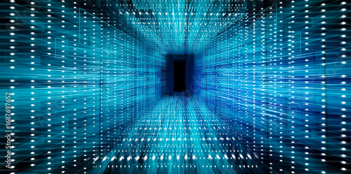 Abstract Database Server Room Or Virtual Tunnel, Neon Blue Background. Futuristic Cyberspace Corridor With Light Rays. Future Internet Innovations And Hi-Tech Concept. Panorama, Collage