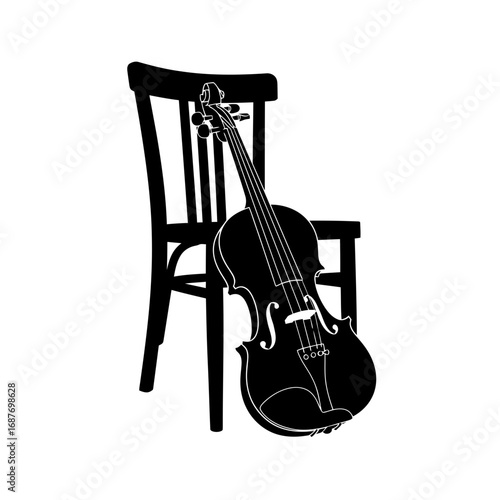 Violin resting on a chair silhouette isolated on white background
