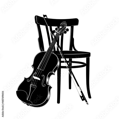 Violin and bow on chair silhouette isolated on white background