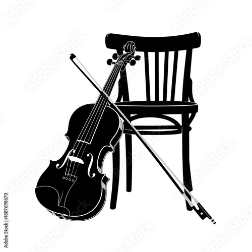 Violin and bow silhouette on a chair isolated on white background