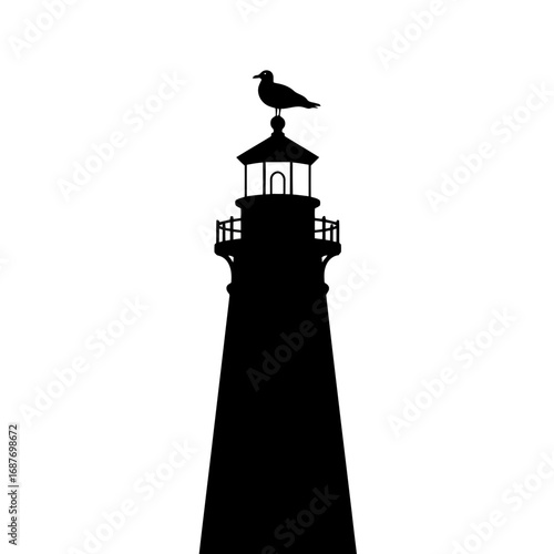 Seagull on lighthouse silhouette isolated on white background