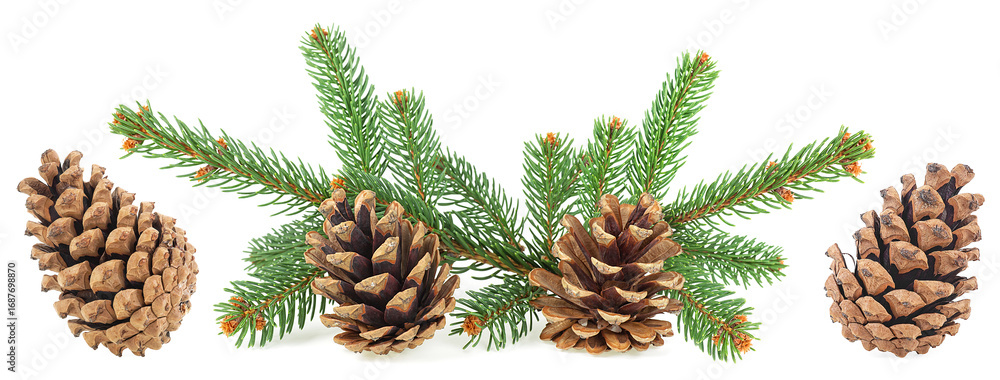 Fototapeta premium Christmas decoration isolated on a white background, long web banner. Christmas cones with fir branches collection.