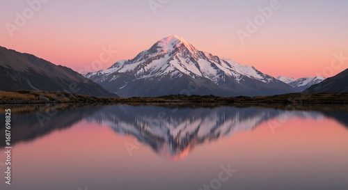 Majestic Mountain Reflection: The serene panorama showcases a snow-capped peak mirrored perfectly in the calm lake below, painted with hues of pink and purple.