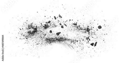 Black charcoal particles isolated on a white background, top view. Scattered black charcoal powder, exploding effect.