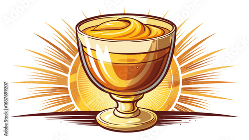 A glass cup filled with warm zabaglione cream, infused with Marsala wine, radiates golden tones. Isolated on white background, it reflects Italian elegance, simplicity, and comforting culinary traditi